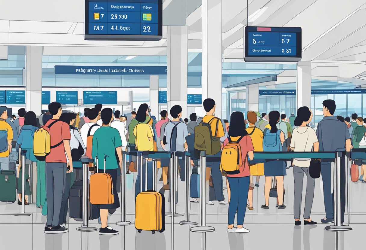 Passengers standing in line at a departure gate, looking at a digital display showing "Frequently Asked Questions" for Singapore airport departures