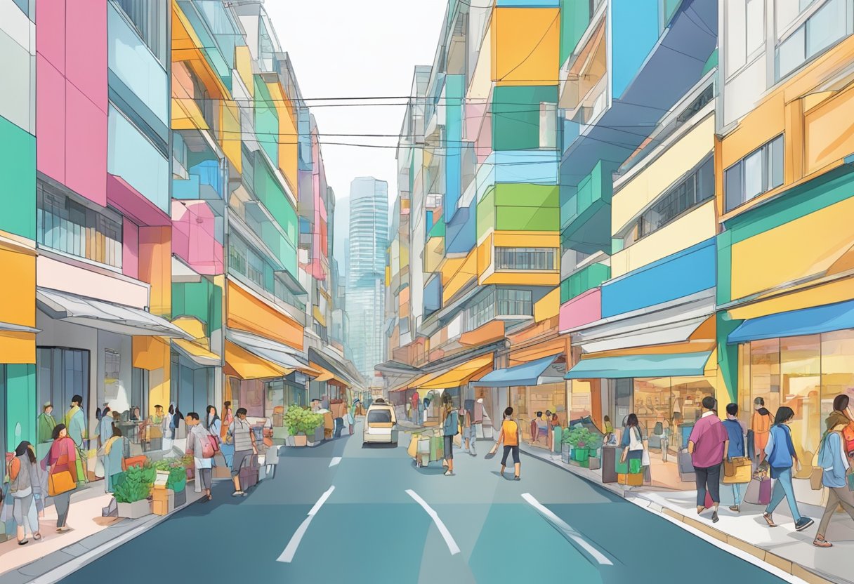 A bustling street in ACM Singapore, with colorful shopfronts and busy pedestrians