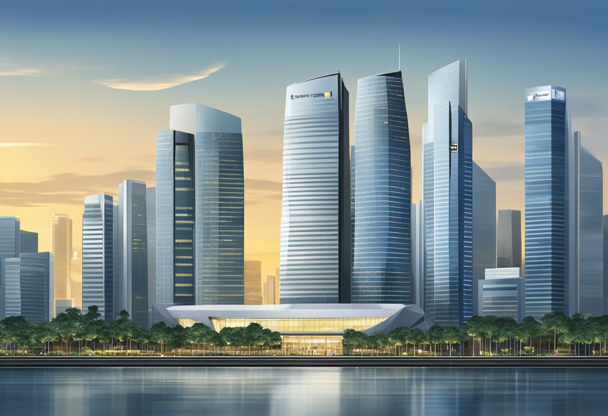 The Ernst & Young Singapore office building stands tall against the city skyline, with sleek modern architecture and a prominent company logo