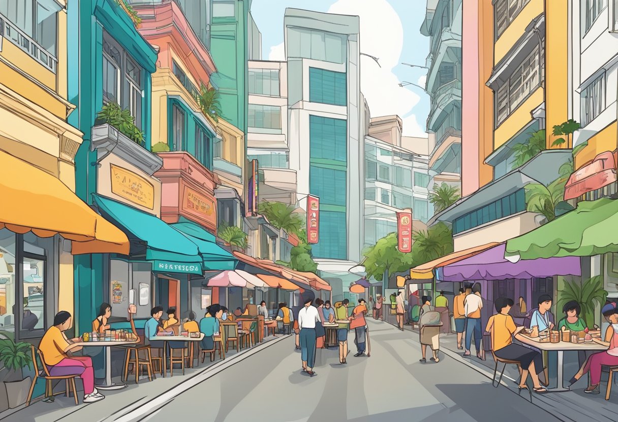 A bustling street lined with colorful and diverse restaurants in Singapore. Outdoor seating, tantalizing aromas, and vibrant signage create a lively atmosphere