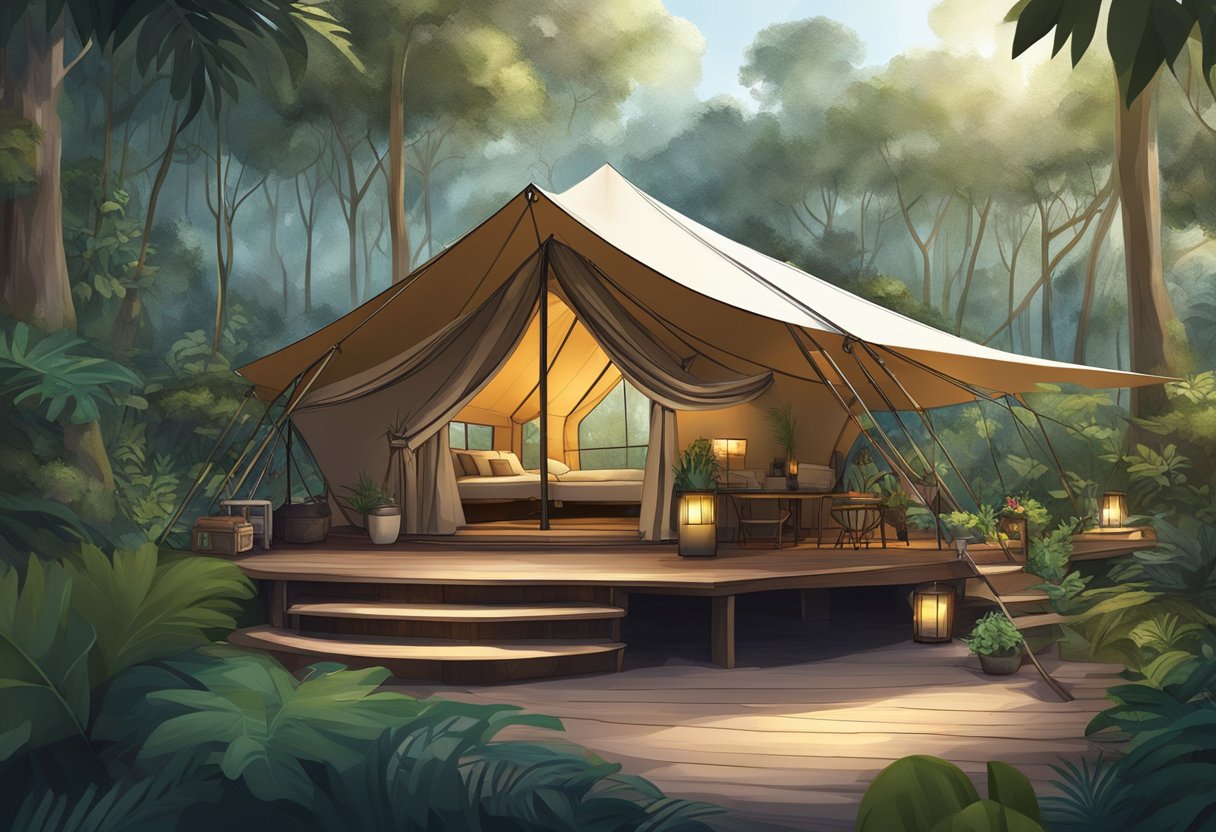 A luxurious glamping tent nestled in a lush Singaporean jungle, with modern amenities and a cozy outdoor seating area
