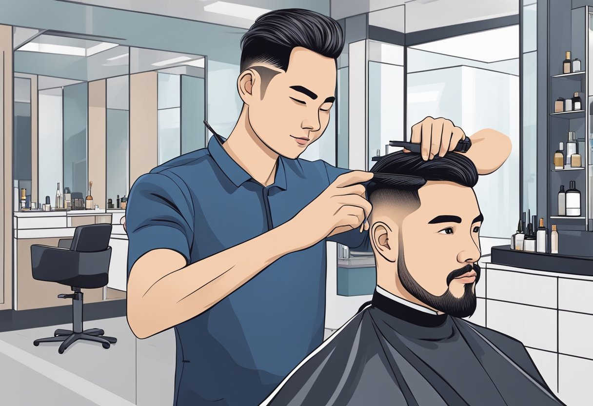 A barber carefully trims and styles a client's hair in a modern salon in Singapore