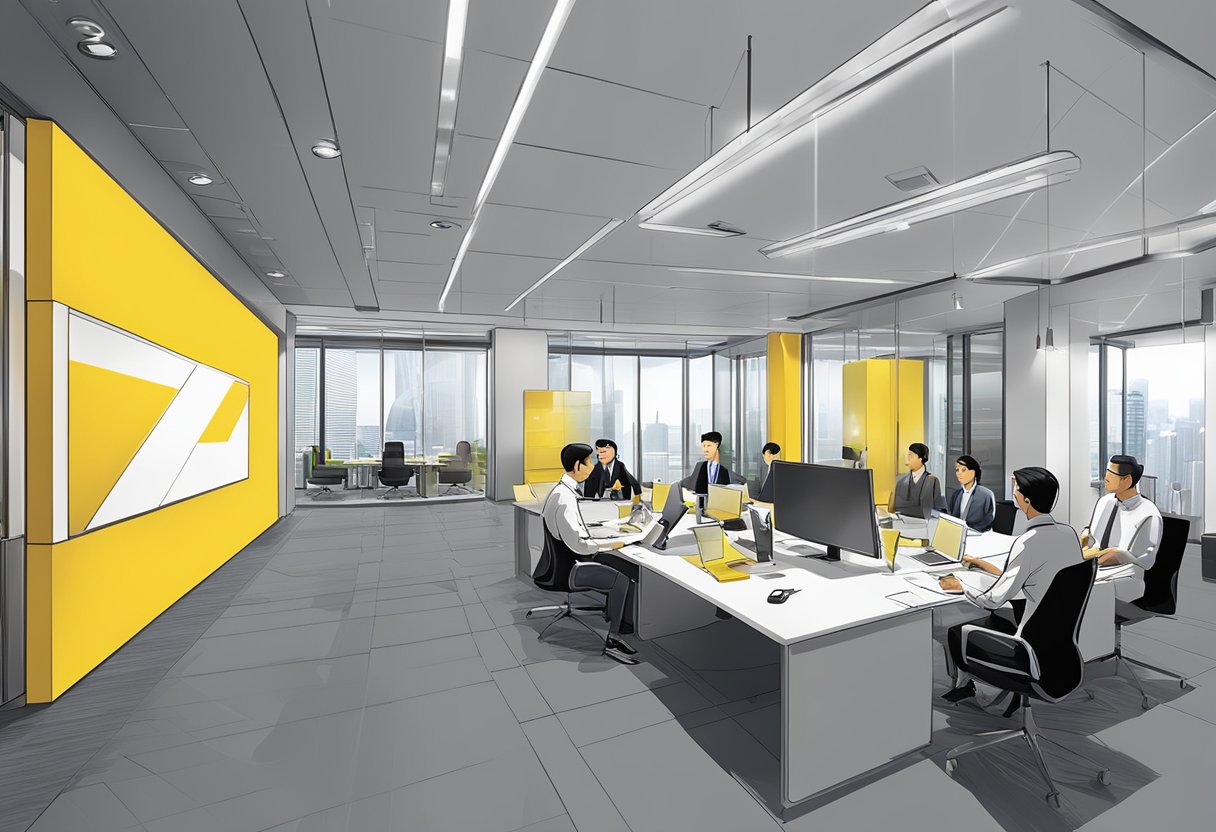 A modern office setting with the Ernst & Young Singapore logo prominently displayed. Various professionals engaged in meetings and discussions, showcasing the company's expertise and services