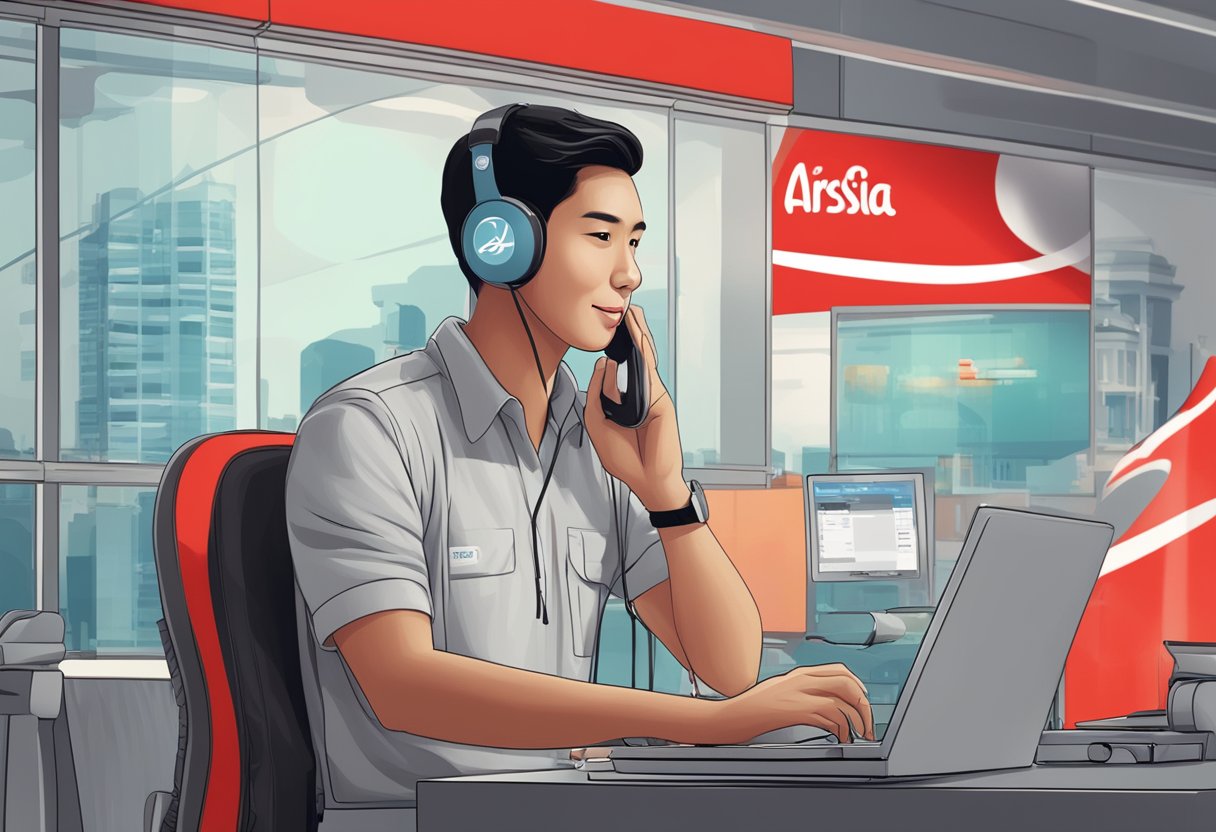 A person in Singapore dialing the contact number for AirAsia, with the AirAsia logo visible in the background