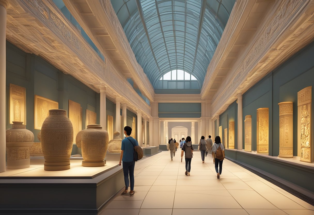 Visitors wander among ancient artifacts in the Asian Civilisations Museum, admiring intricate carvings and delicate ceramics. The soft glow of museum lighting highlights each piece, creating a sense of wonder and discovery