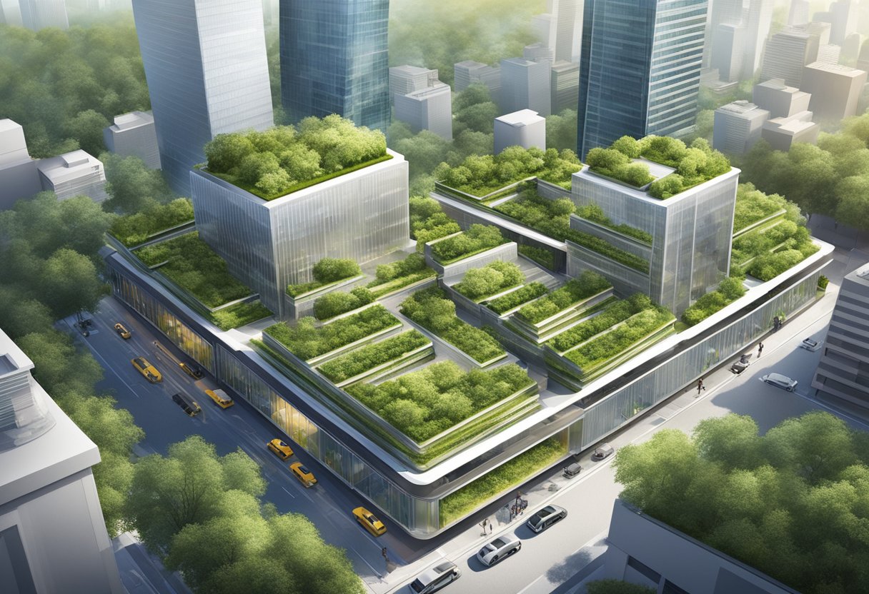 A bustling city skyline with Ernst & Young's logo prominently displayed on a modern, eco-friendly building. Lush greenery and clean streets showcase the company's commitment to corporate responsibility and growth