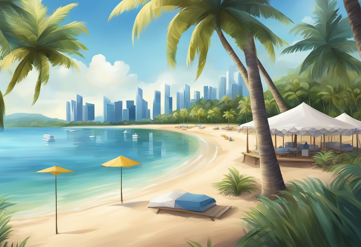 A serene beach setting with luxurious tents nestled among palm trees, overlooking the sparkling waters of Singapore
