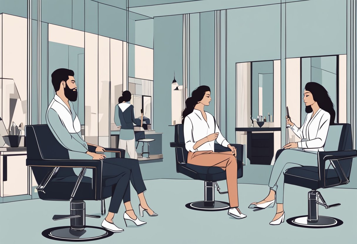 A customer sits in a modern salon chair, surrounded by sleek, minimalist decor. A hairstylist attentively consults with them, holding a pair of scissors and comb