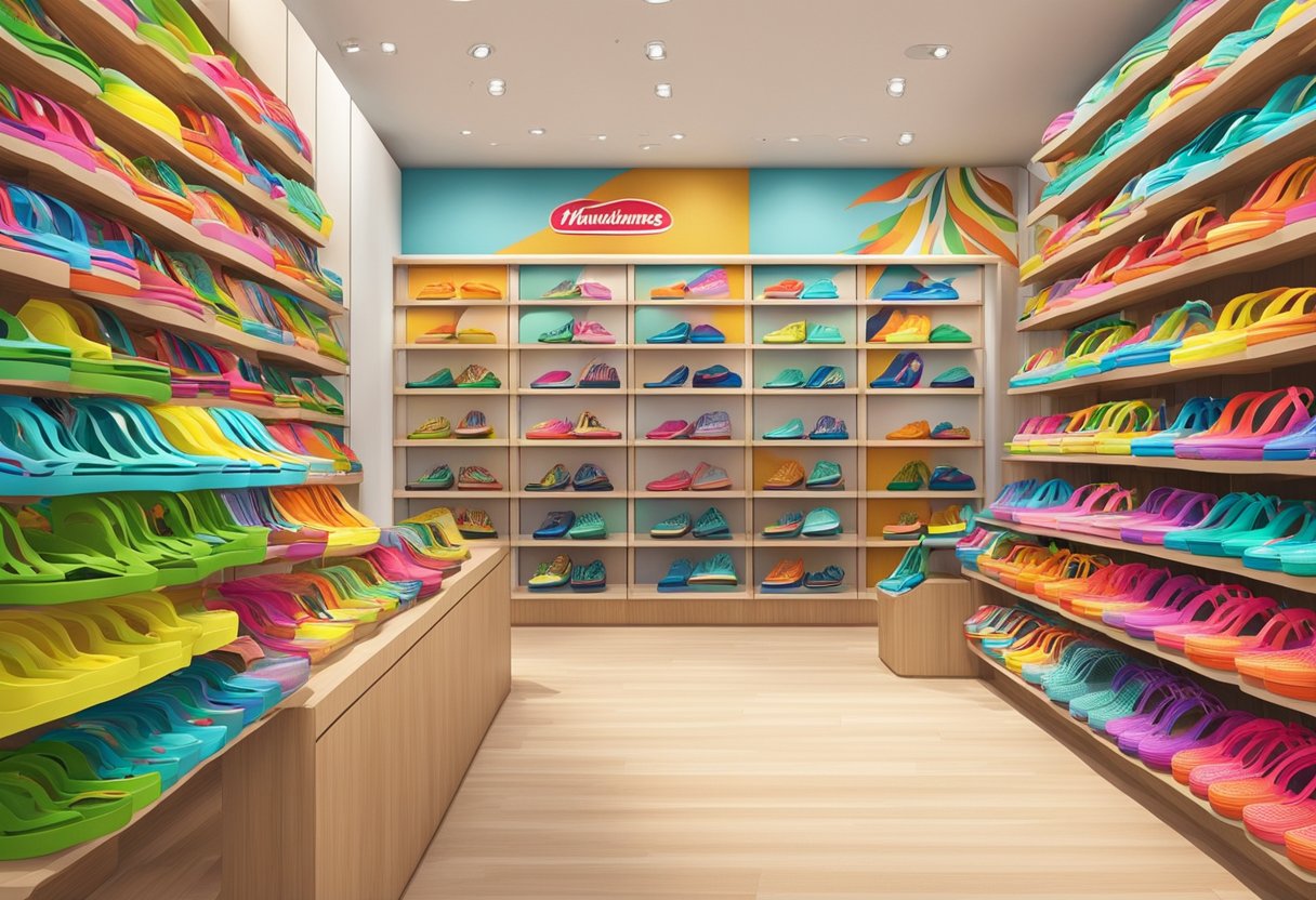 A colorful display of Havaianas sandals and flip-flops in a vibrant Singapore store. Bright patterns and tropical designs adorn the shelves