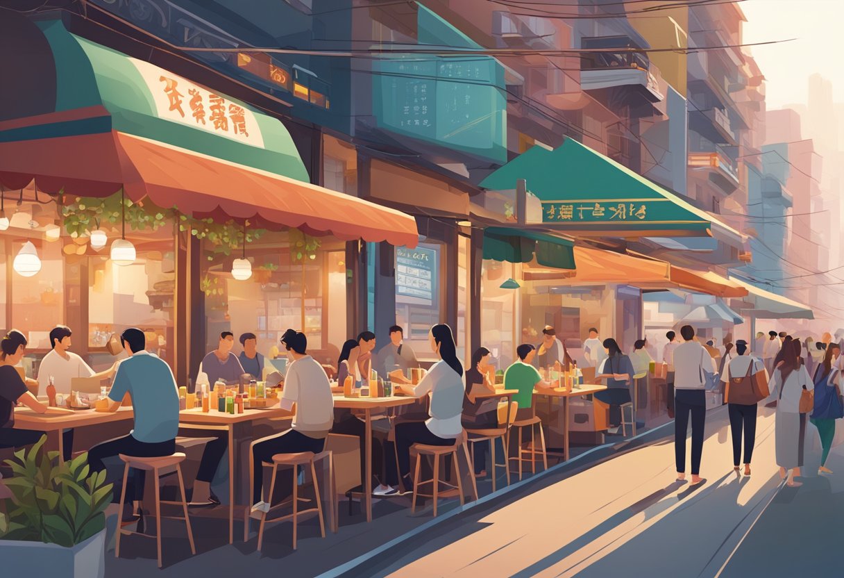 A bustling street lined with diverse restaurants, from sleek modern eateries to traditional hawker stalls, each emitting tantalizing aromas