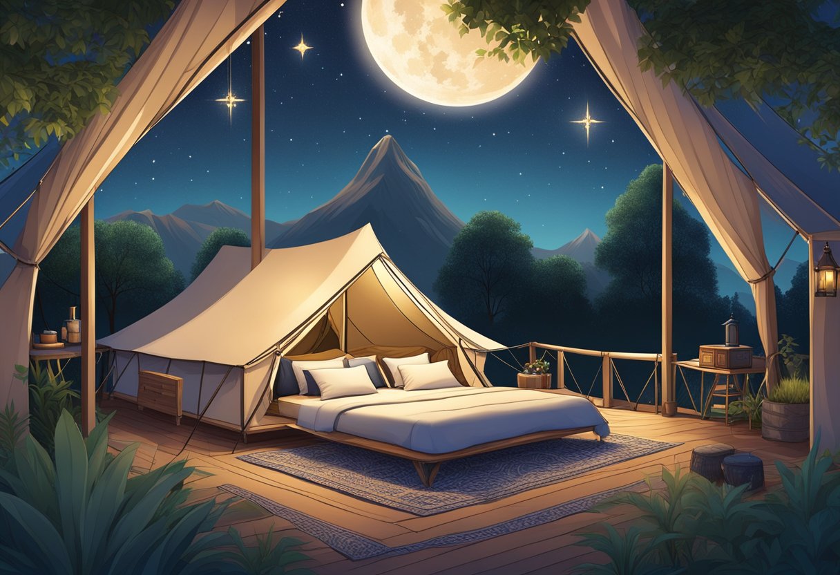 A luxurious glamping tent surrounded by lush greenery, with elegant furnishings and cozy bedding, under a starry night sky