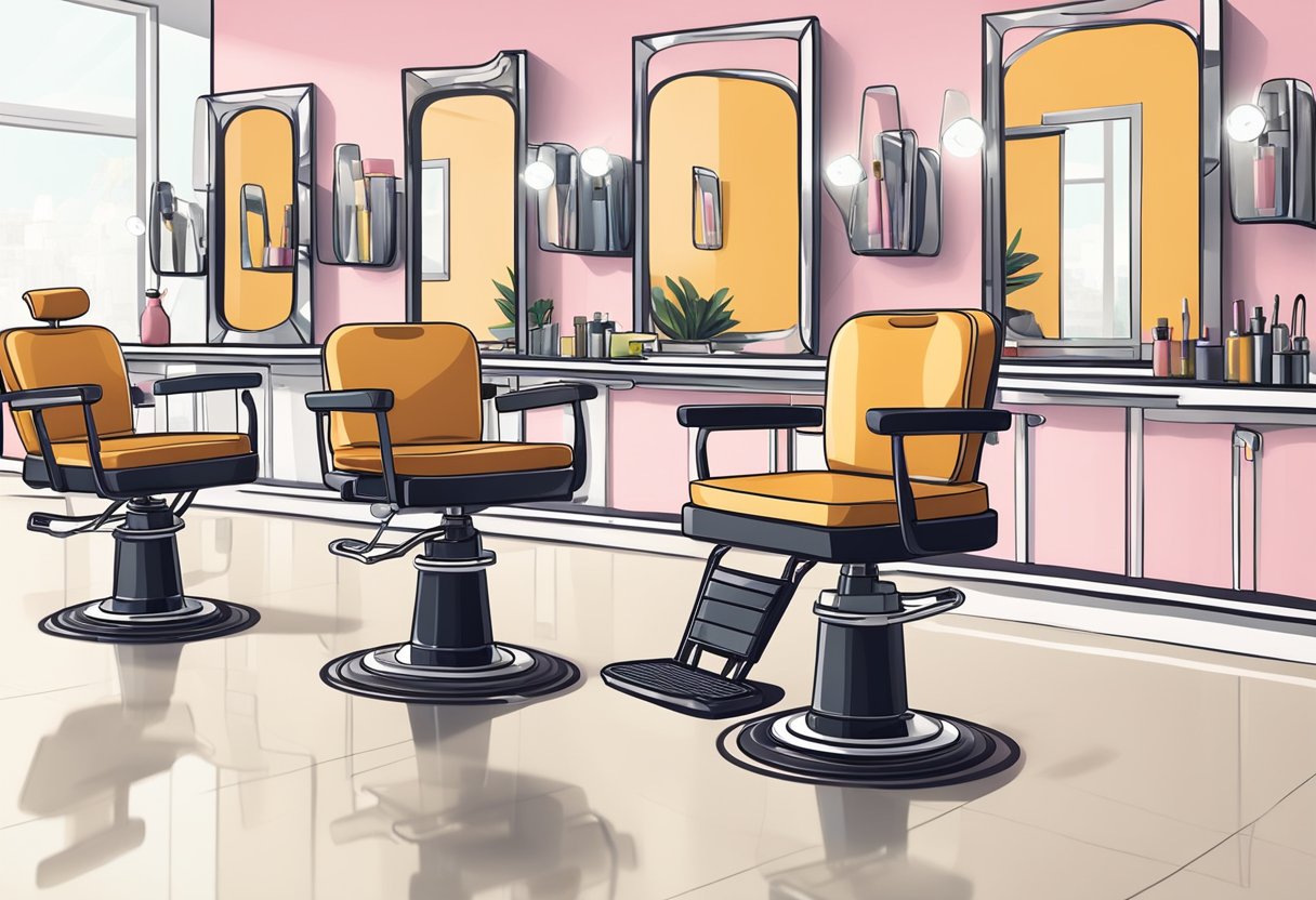 A salon chair with various haircut and styling tools on the counter. Mirrors reflect the clean and modern interior of the salon