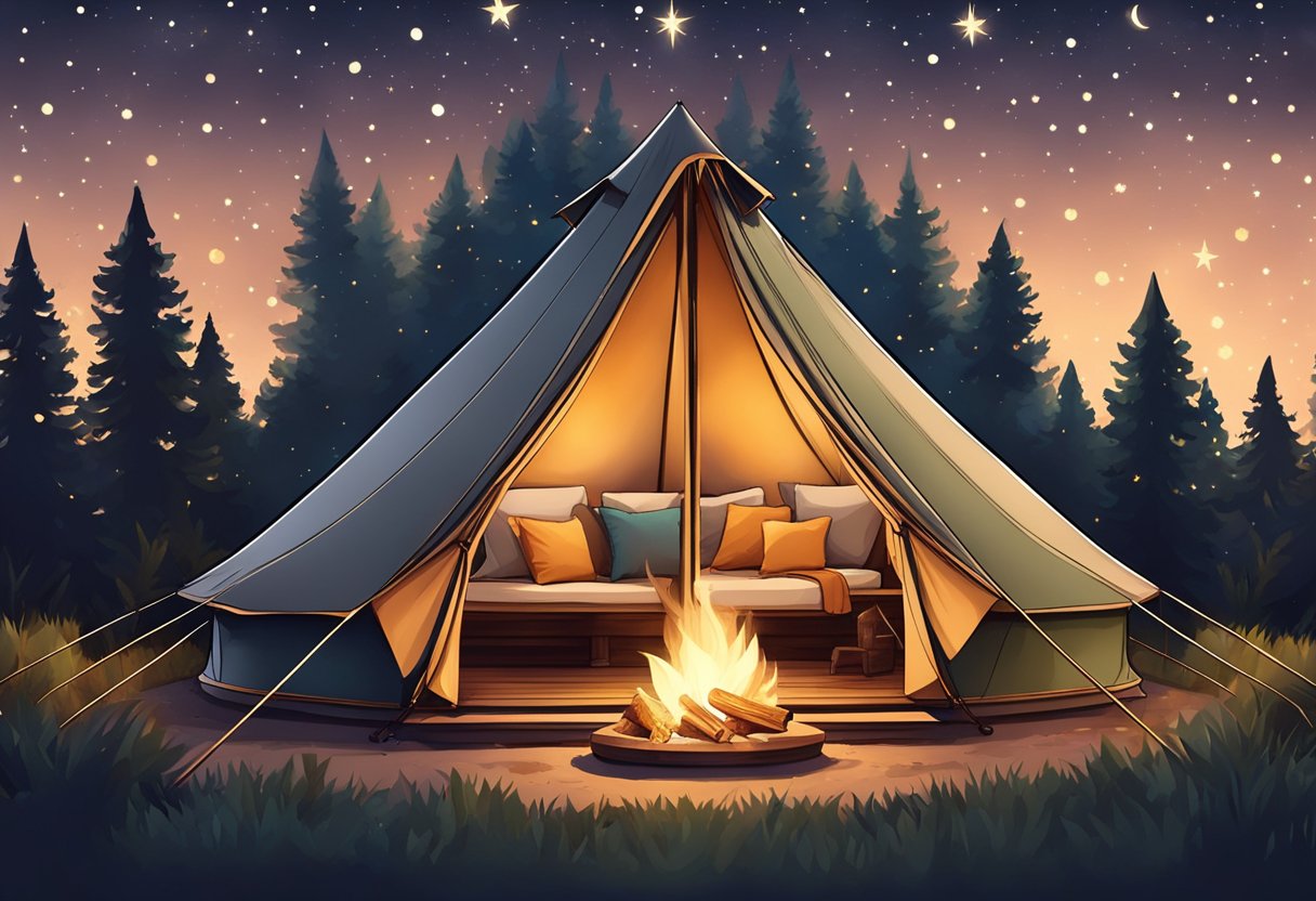 A cozy glamping tent surrounded by lush greenery, with a crackling campfire and twinkling fairy lights, under the starry night sky