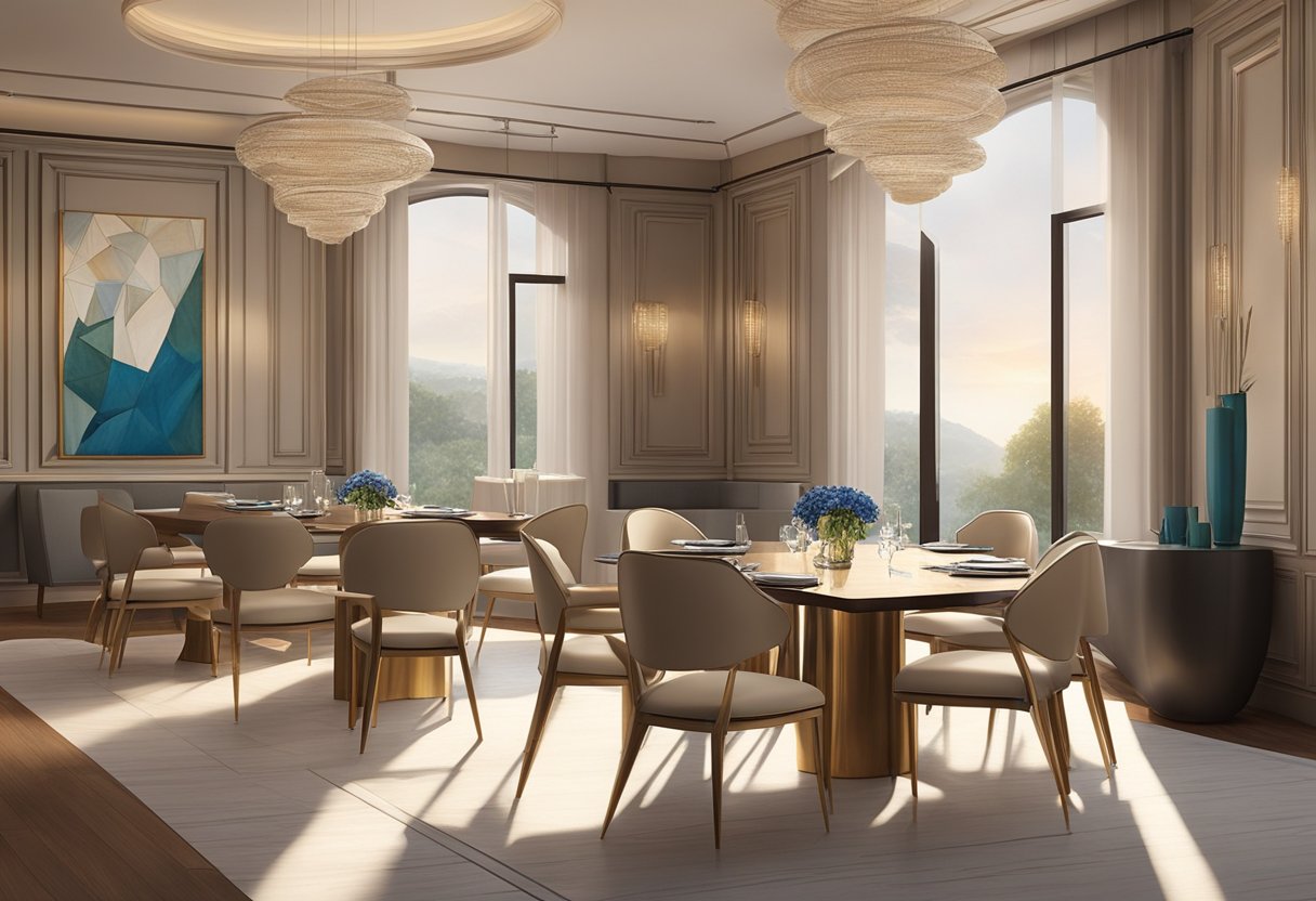 The elegant dining room is bathed in warm light, with sleek wooden tables and soft, ambient music. The walls are adorned with modern art, creating a sophisticated and inviting atmosphere