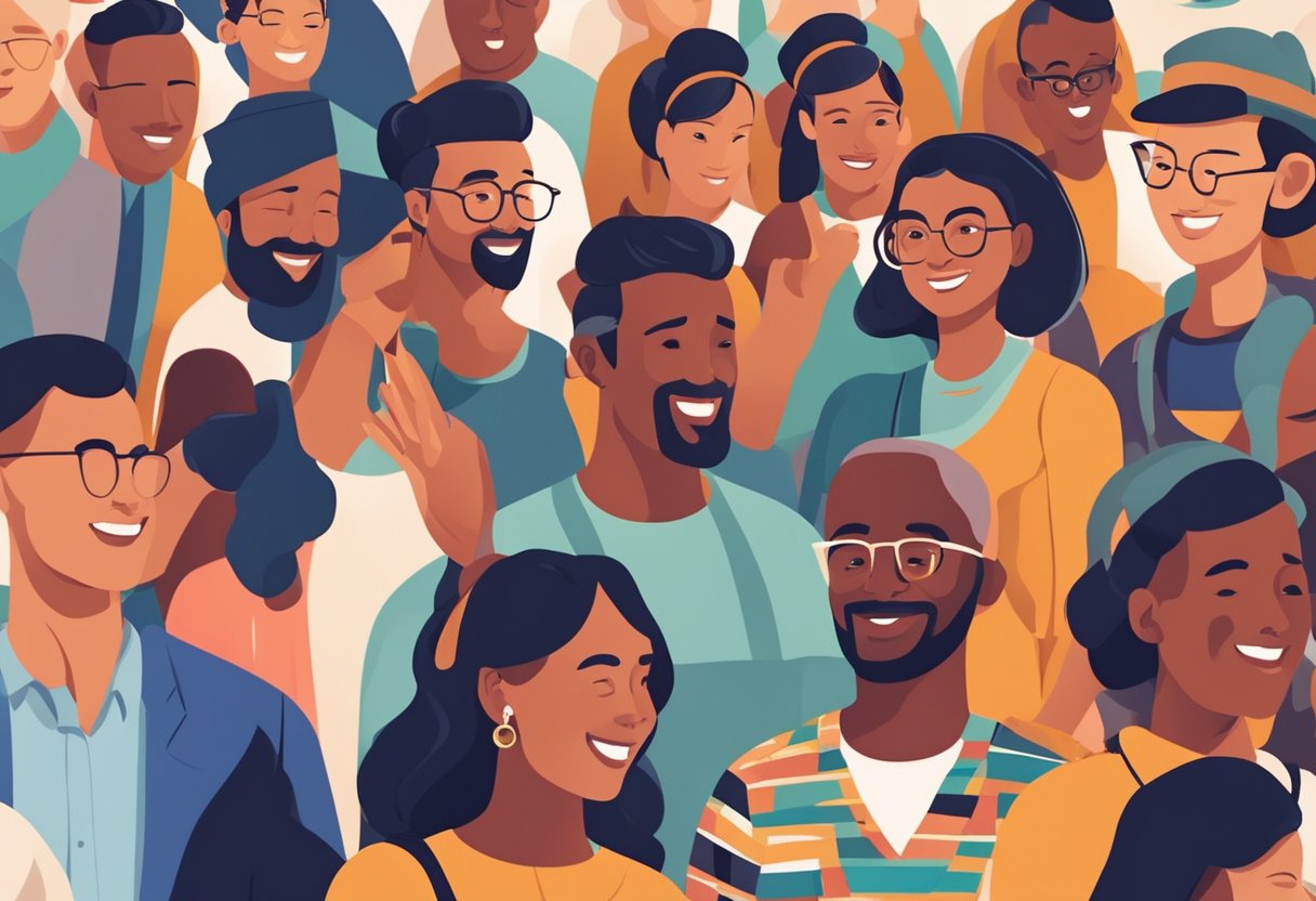 A diverse group of people engage in cultural exchange at a vibrant event, sharing traditions and building connections