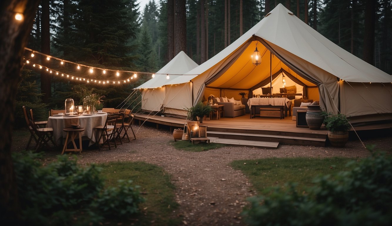 A luxurious glamping site nestled in a scenic forest, with elegant tents, cozy seating areas, and twinkling string lights creating a magical ambiance