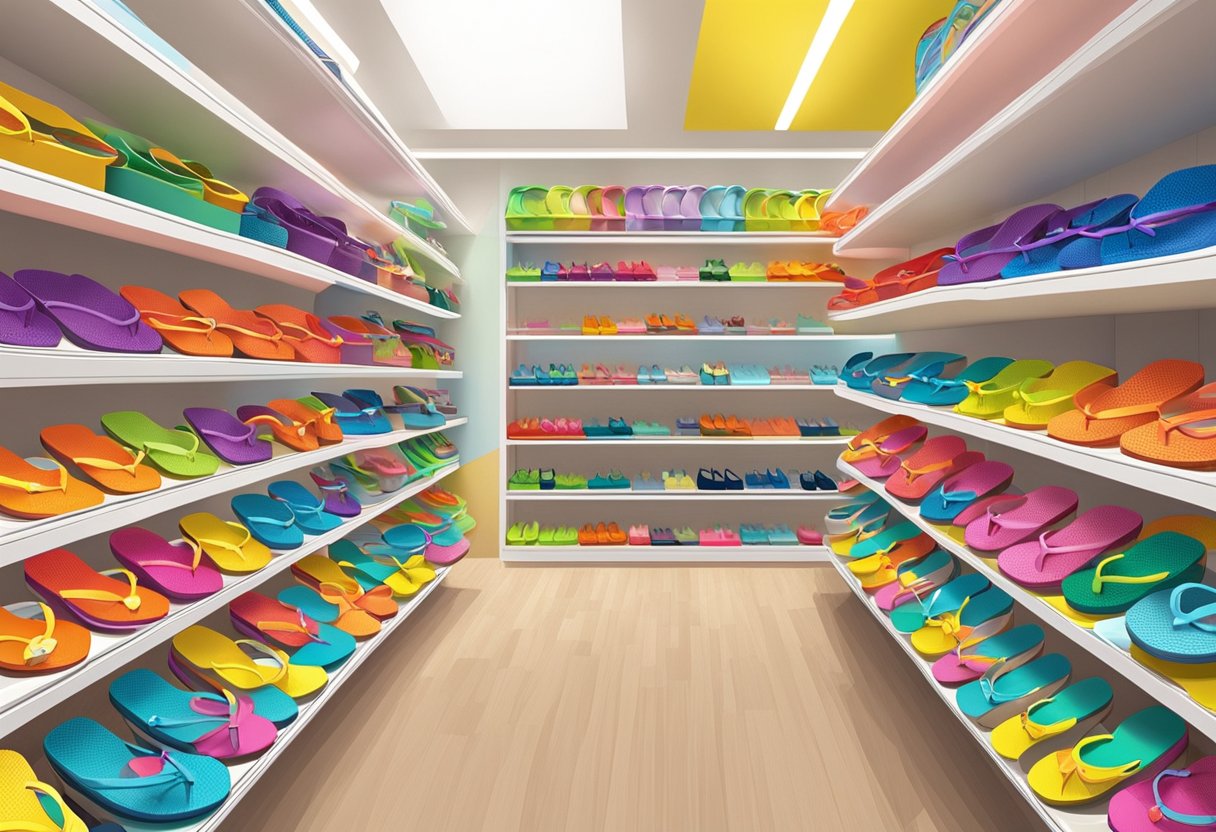 A colorful display of Havaianas flip-flops at a Singapore retail store, with shelves neatly organized and a bright, inviting atmosphere