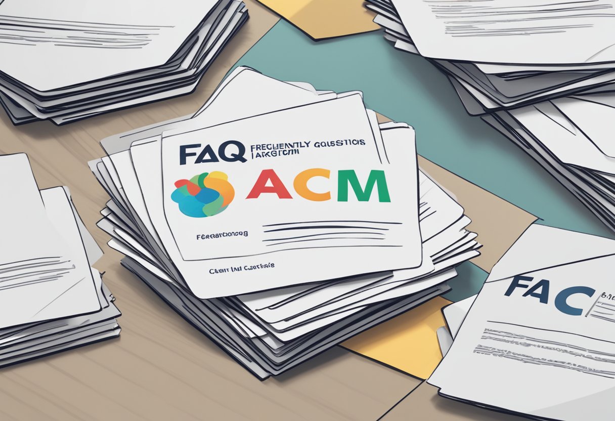 A stack of FAQ cards with the title "Frequently Asked Questions ACM Singapore" displayed on a desk