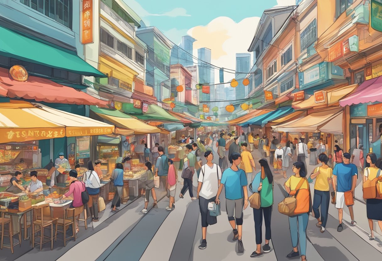 A bustling street in Singapore with vibrant signs and people, surrounded by a variety of restaurants and food stalls