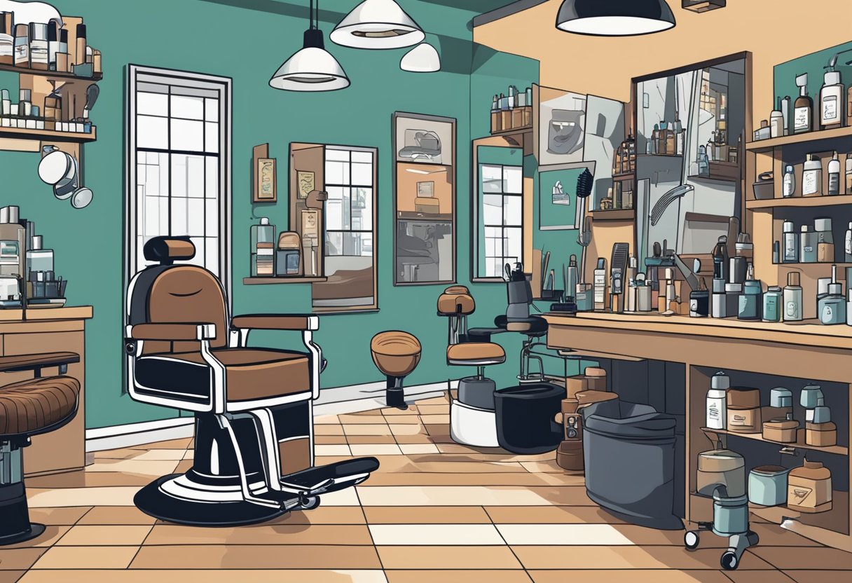 A barber chair with a customer in a salon, surrounded by hair cutting tools and products, with a sign that reads "Frequently Asked Questions haircut singapore"