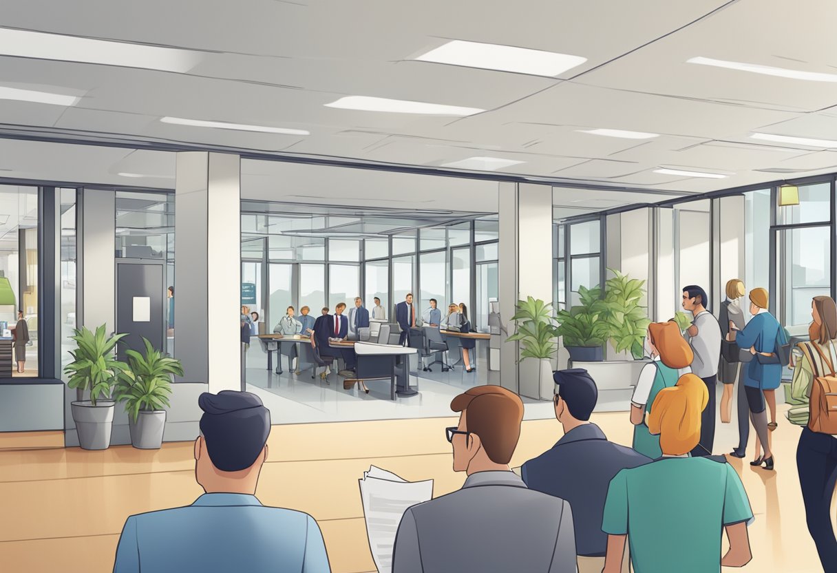 A bustling office lobby with a prominent "Frequently Asked Questions" sign at the forefront, surrounded by busy professionals and visitors
