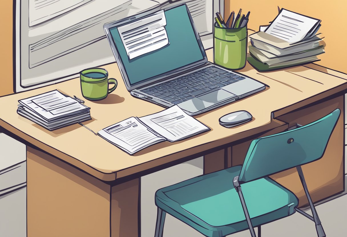 A table with a laptop, a stack of papers, and a pen, with a "Frequently Asked Questions" sign on the wall