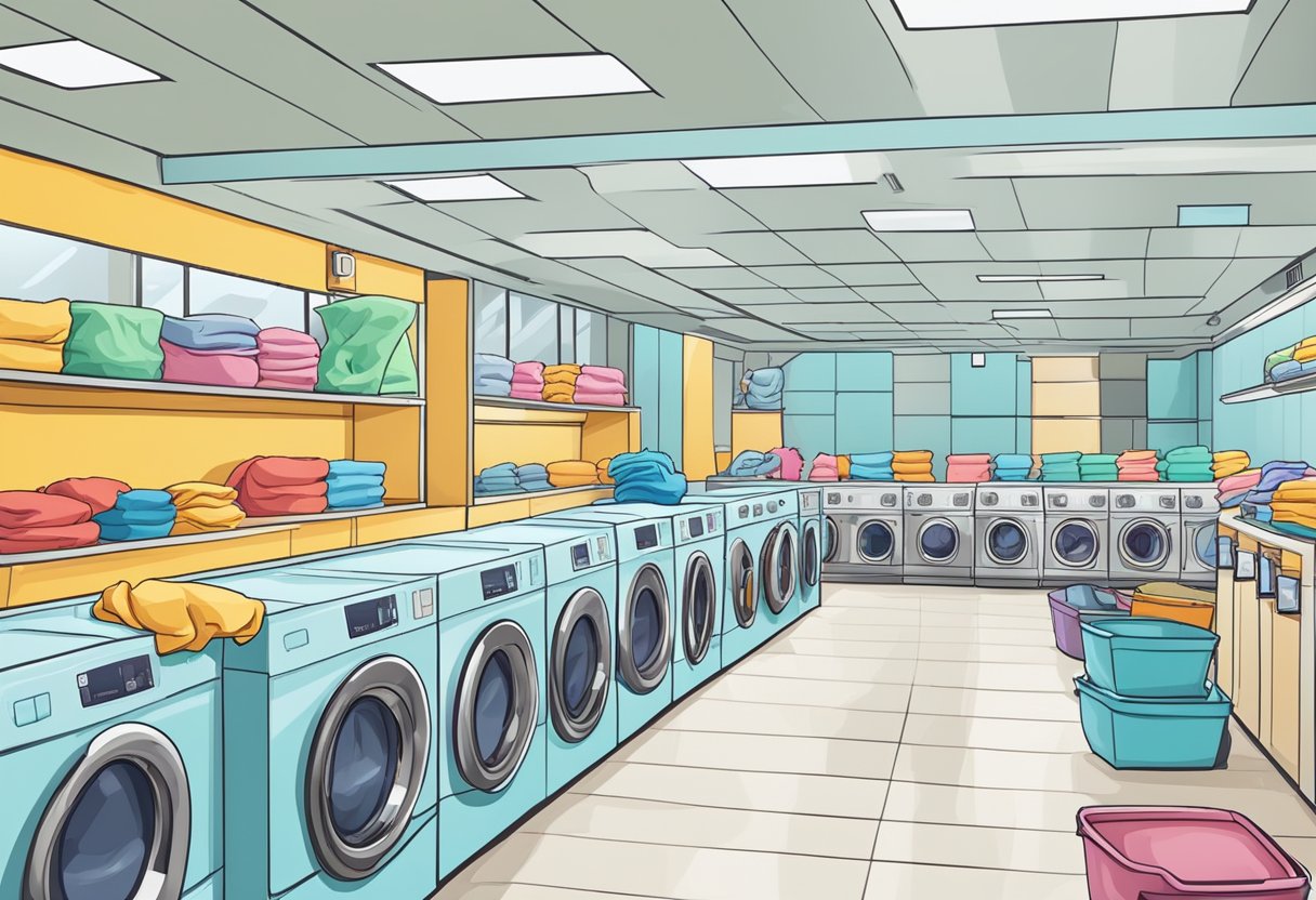A laundry service in Singapore with rows of washing machines and dryers, colorful detergent bottles, and neatly folded stacks of clean clothes