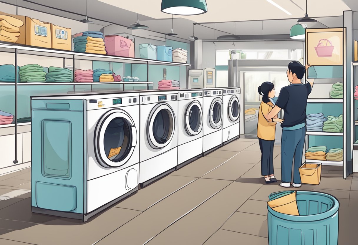 A laundry shop with a sign in English and Chinese, washing machines and dryers, folded clothes, and a friendly staff member assisting a customer