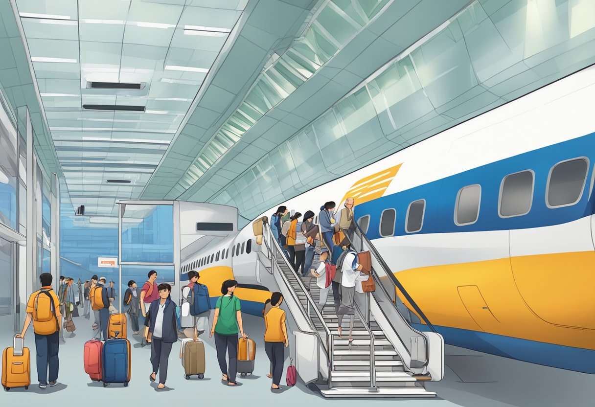Passengers boarding VTL Air flight from Singapore to Malaysia, showing travel documents and following safety procedures