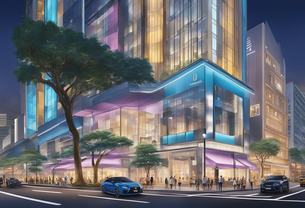 A bustling city street in Singapore, with the iconic Audemars Piguet store standing tall amidst the vibrant lights and modern architecture