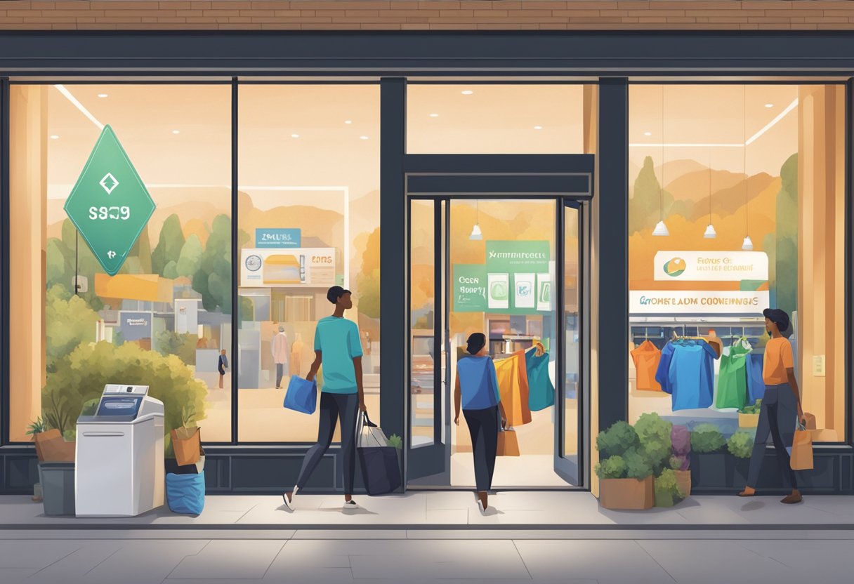 Customers dropping off laundry bags at a modern storefront with a prominent "Pricing and Convenience Factors" sign