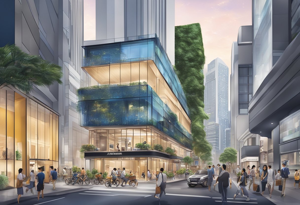 A bustling Singapore street with a prominent Audemars Piguet storefront, surrounded by modern architecture and vibrant city life