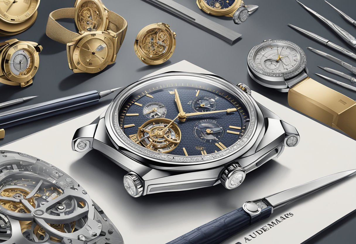 Exquisite timepieces displayed alongside intricate watchmaking tools and materials at Audemars Piguet Singapore