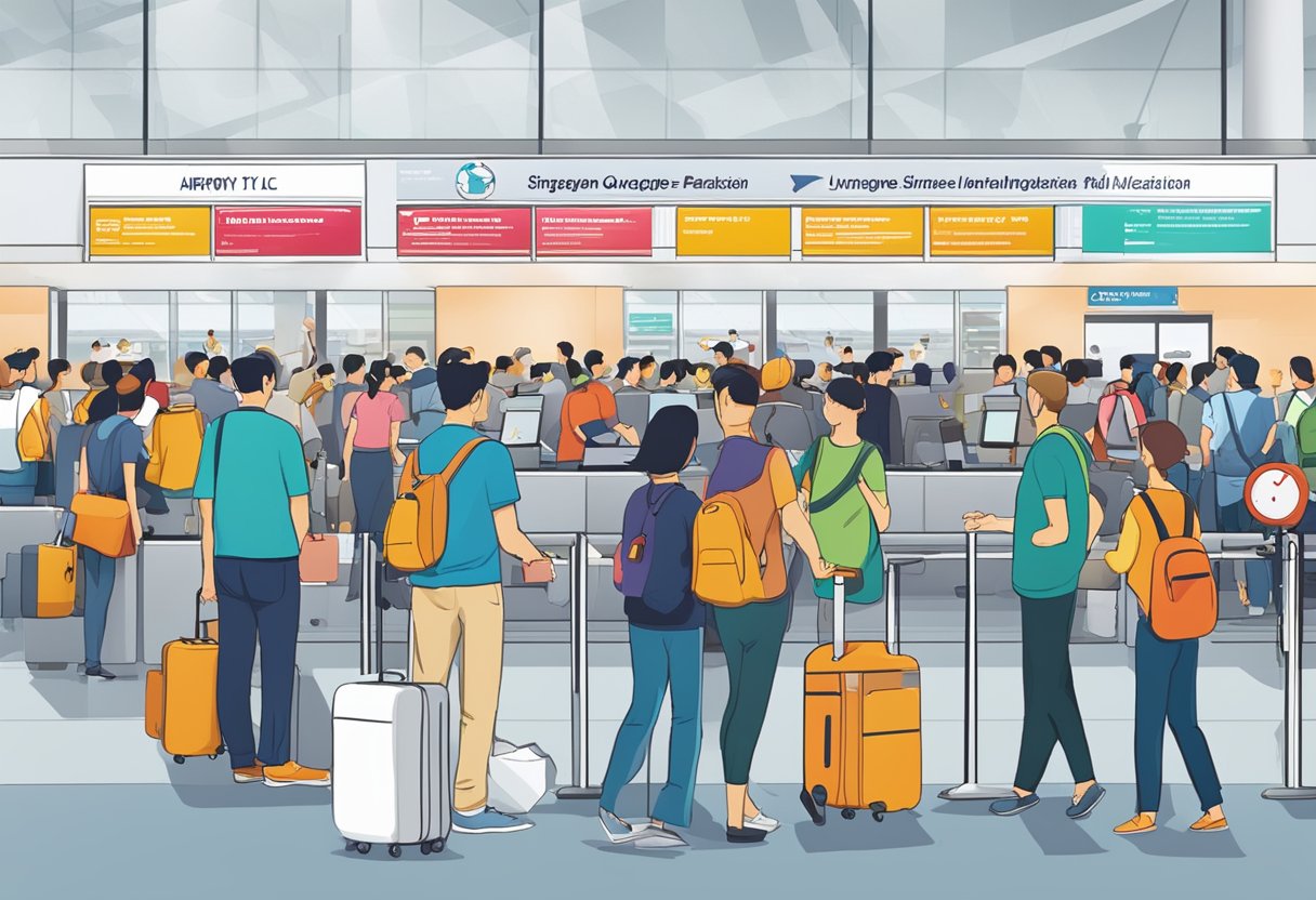 A crowded airport terminal with people queuing at the VTL air Singapore Malaysia information desk, with a prominent "Frequently Asked Questions" sign