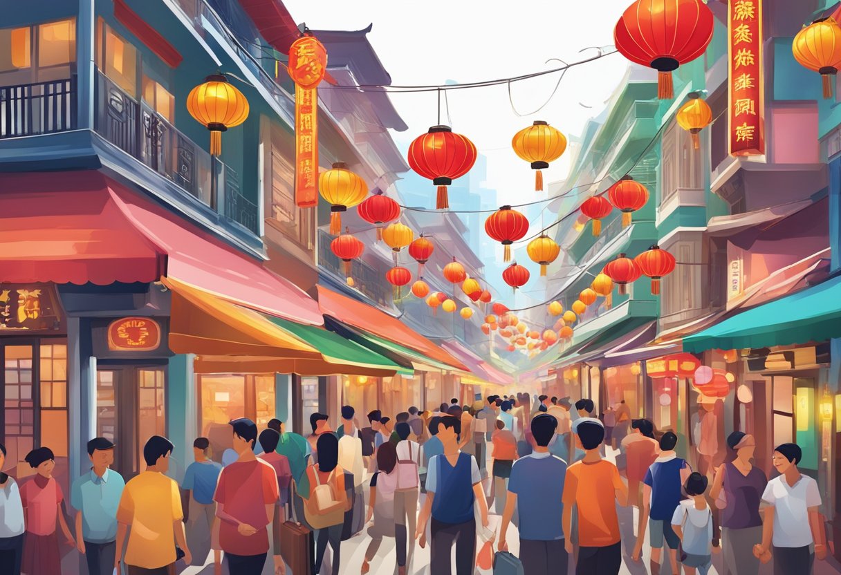 Crowded streets lined with colorful hotels in Chinatown Singapore. Lanterns and signs illuminate the bustling scene, capturing the vibrant energy of the neighborhood