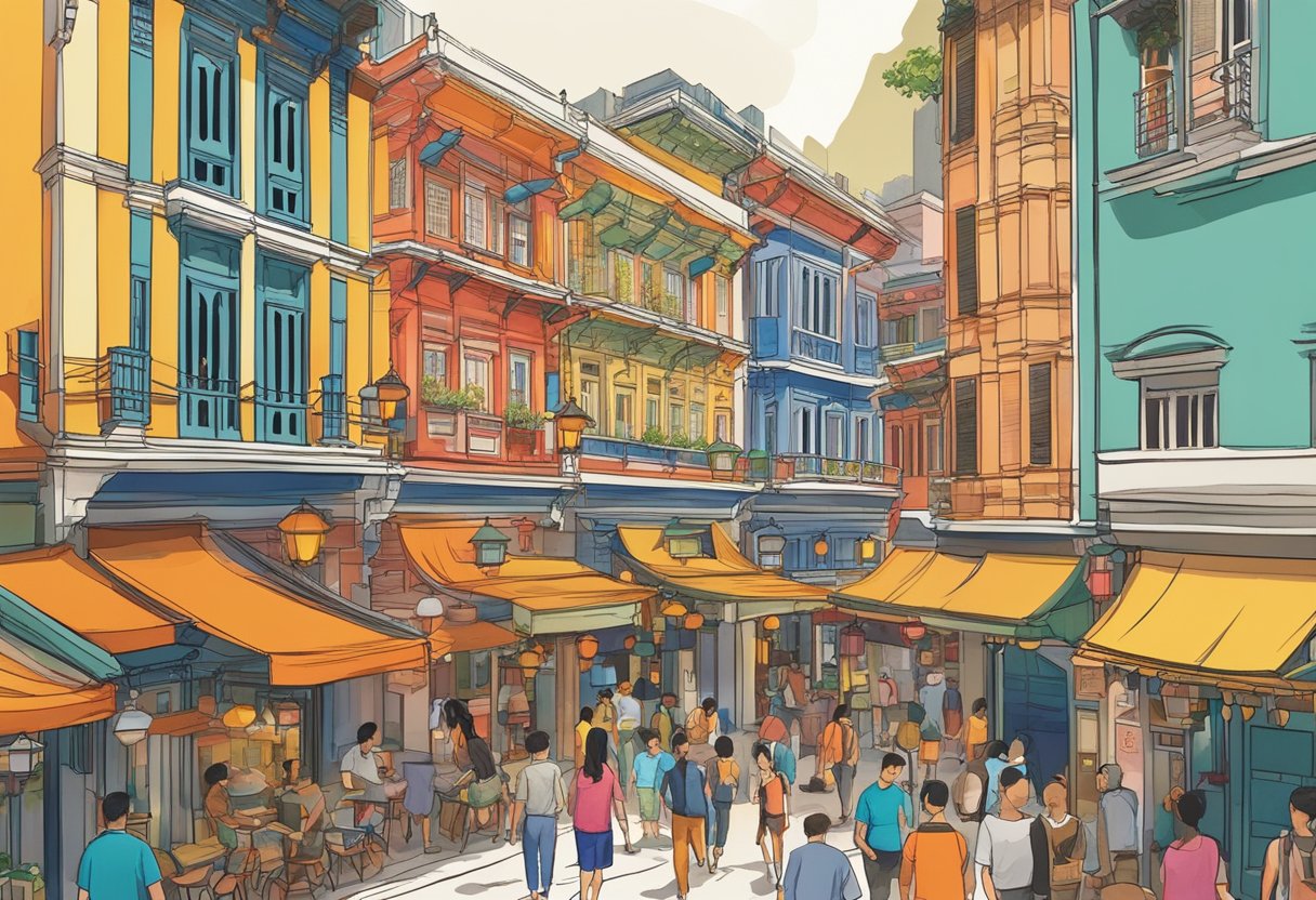 Guests selecting hotels in bustling Chinatown, Singapore. Brightly colored buildings line the streets, with traditional lanterns hanging overhead. A mix of modern and historic architecture creates a vibrant and dynamic atmosphere