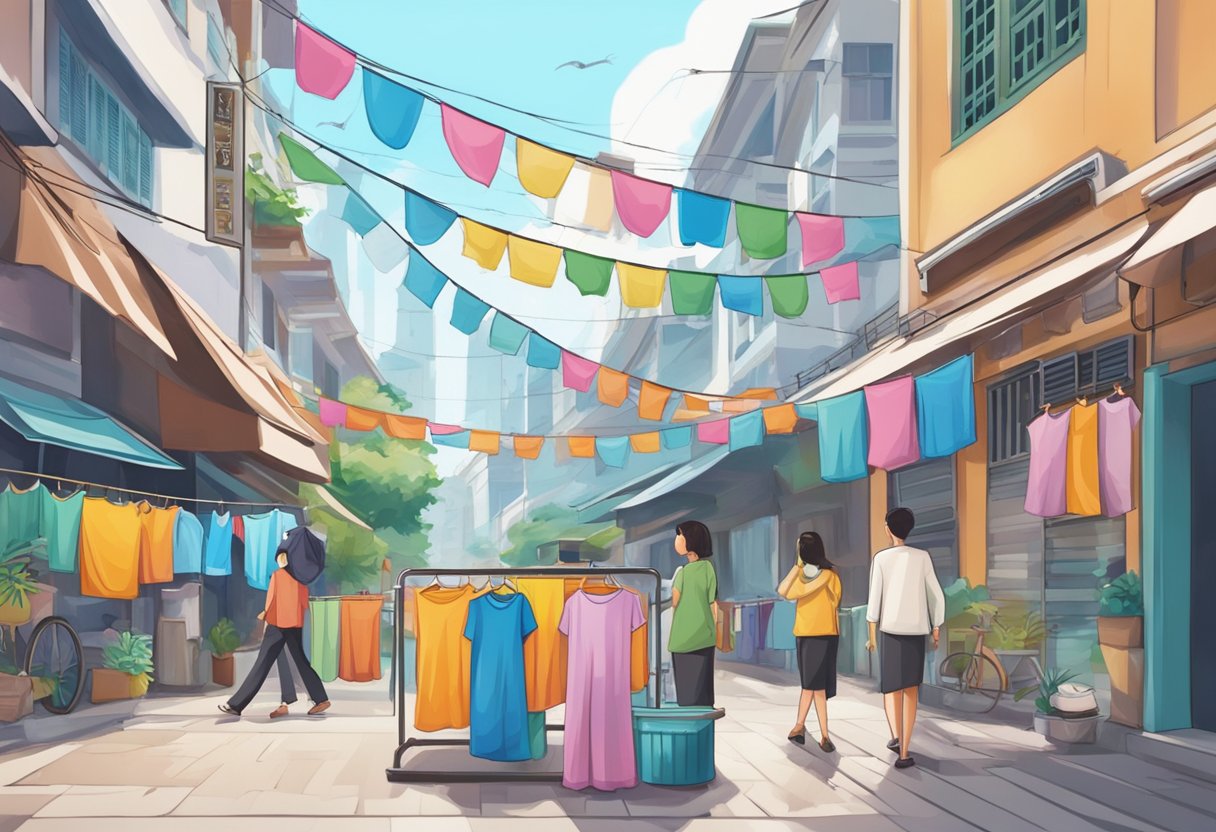 A laundry service sign stands out against a bustling Singapore street, with people passing by and a line of clothes hanging in the background