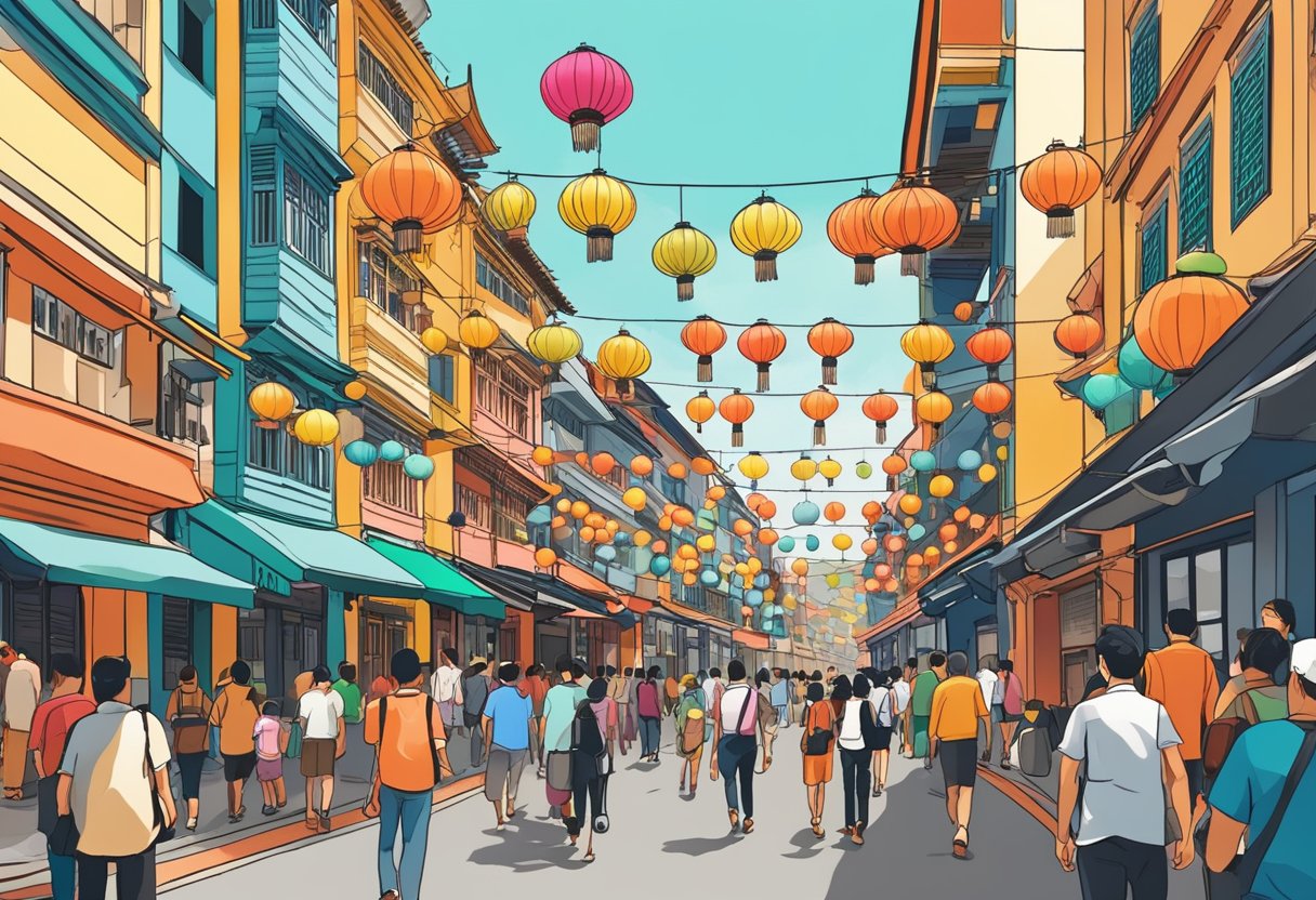 A bustling street in Chinatown, Singapore, lined with colorful hotels and lanterns. People wander, taking in the sights and sounds of the vibrant neighborhood