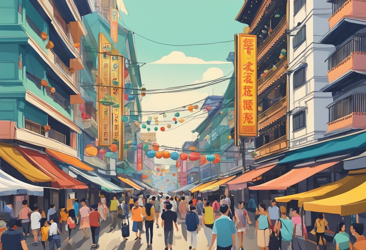 A bustling street in Chinatown, Singapore, with colorful signs and busy tourists outside hotels