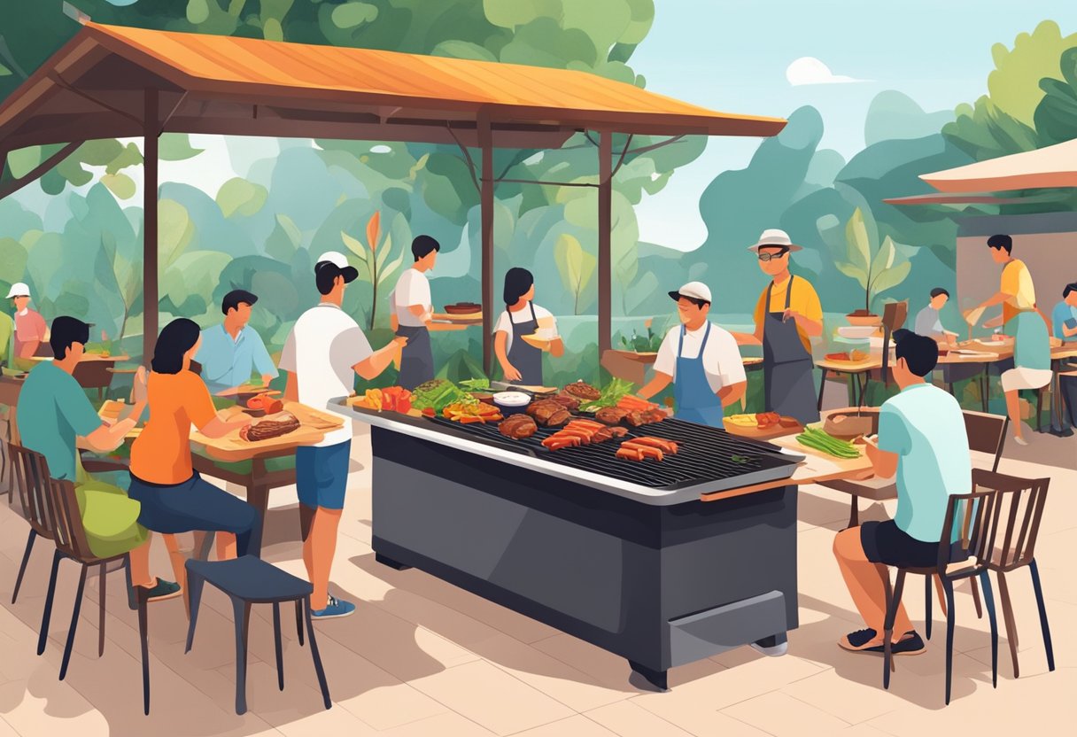 A sizzling hot grill with various meats and vegetables being cooked, surrounded by a lively outdoor setting with tables and people enjoying the aroma of BBQ in Singapore