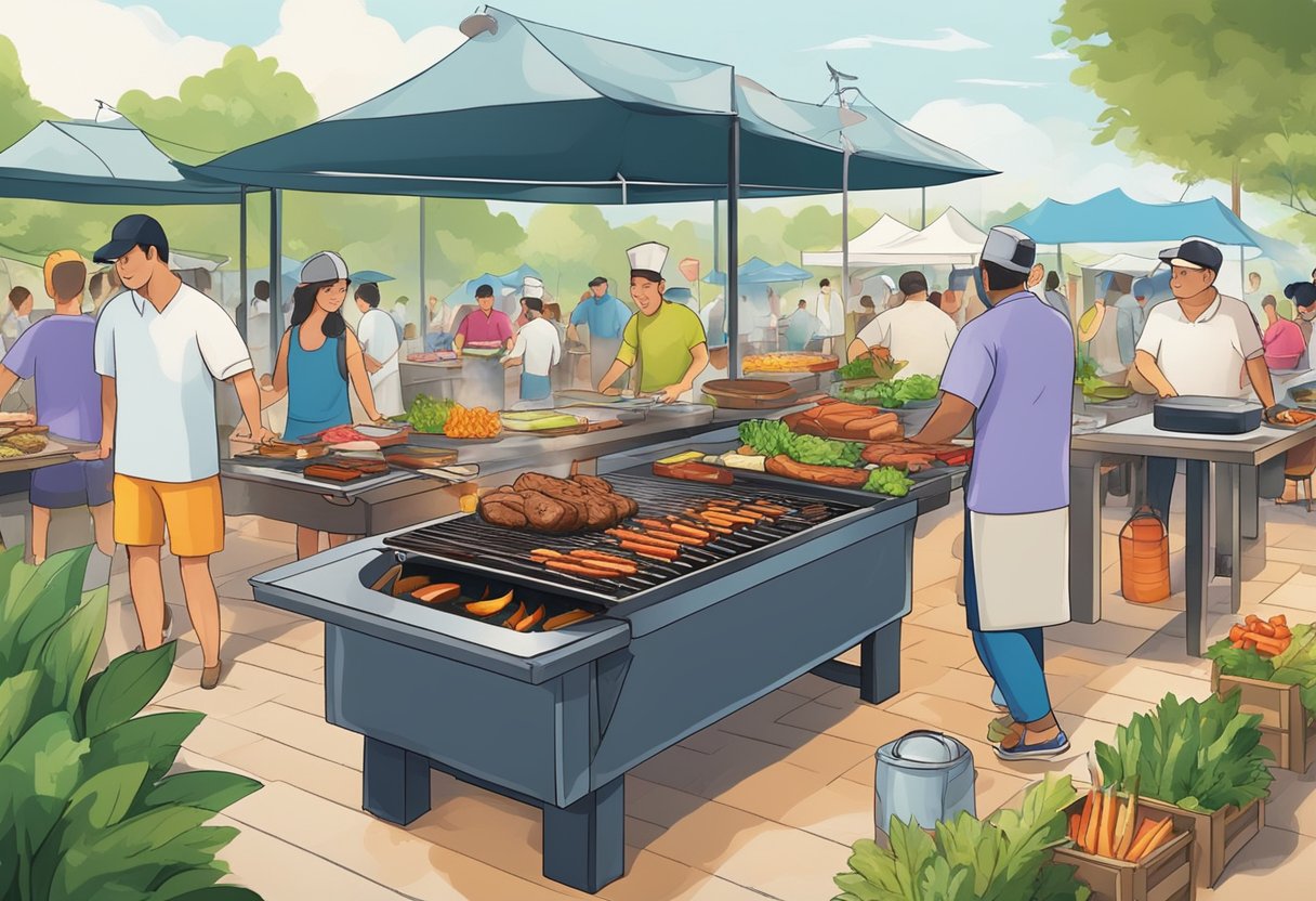 A sizzling grill cooks up a variety of meats and vegetables at a lively outdoor event in Singapore. The aroma of barbecue fills the air as guests gather around picnic tables