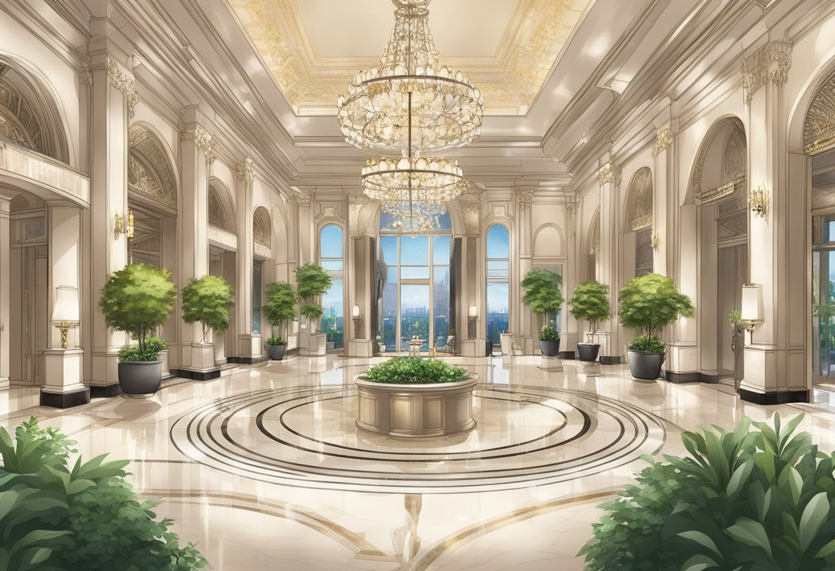 A grand lobby with marble floors and chandeliers, overlooking a city skyline and lush gardens