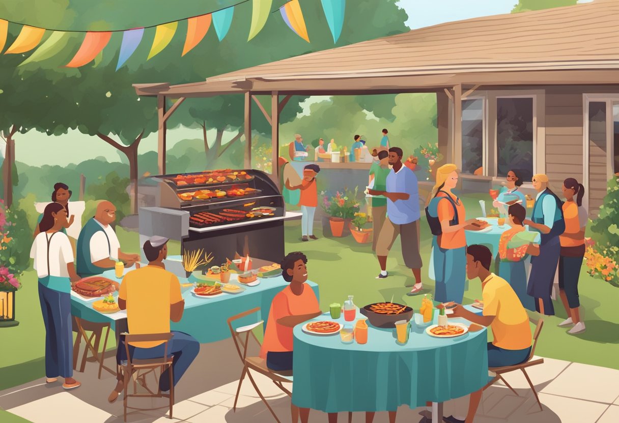 A backyard BBQ event with a grill sizzling with food, tables set with colorful decorations, and guests mingling and enjoying the delicious aroma