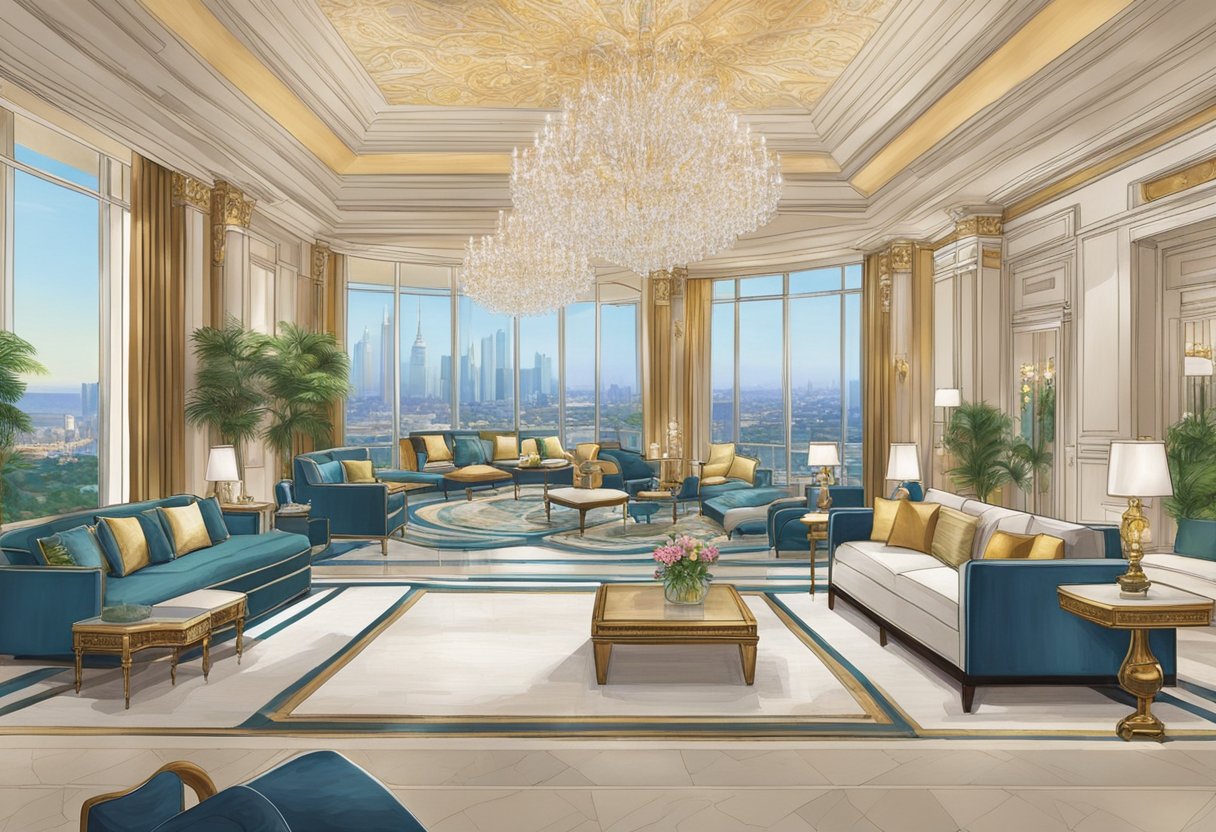 Guests stroll through opulent lobbies, adorned with grand chandeliers and plush seating. The hotel's infinity pool overlooks the city skyline, while elegant suites offer panoramic views