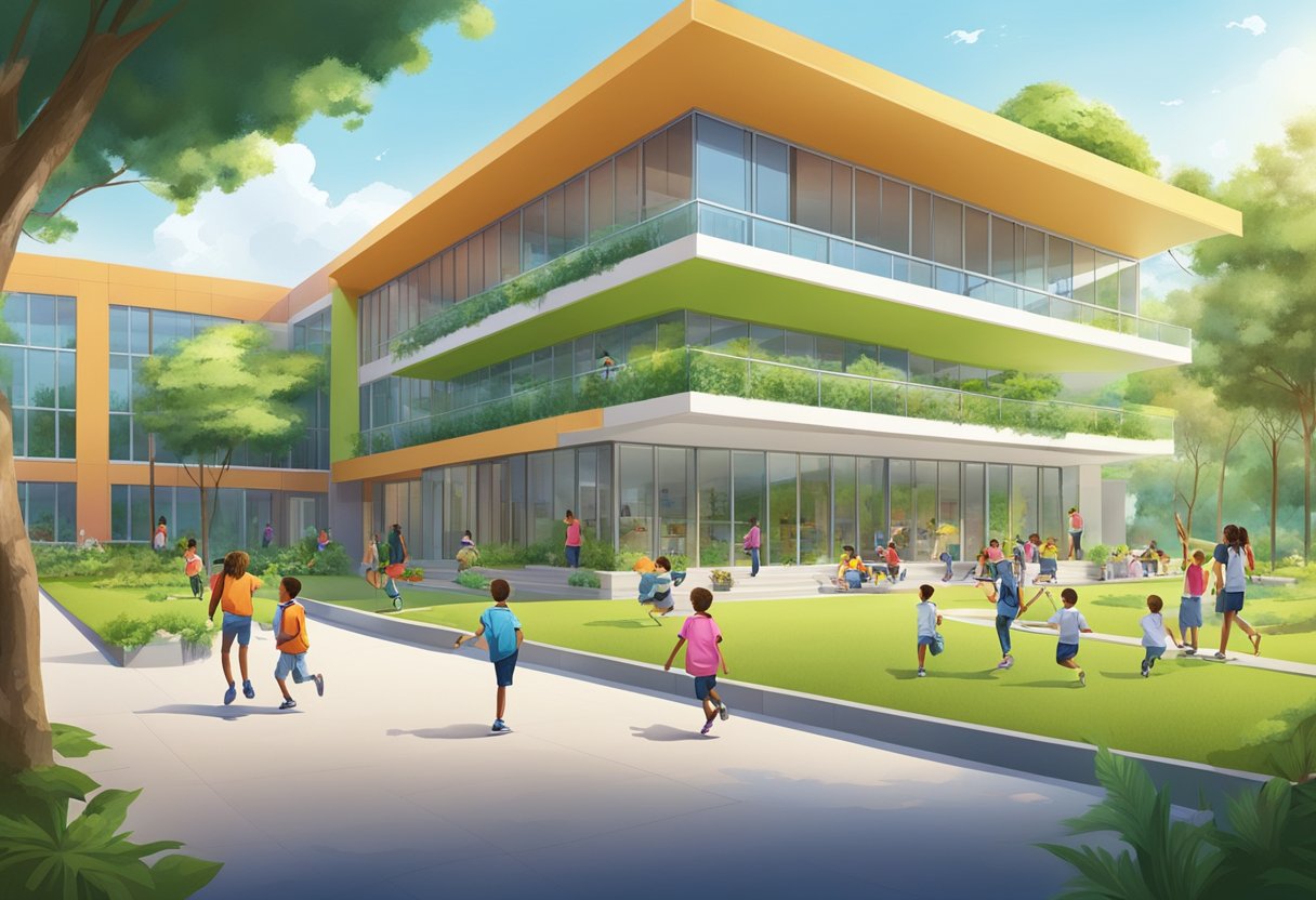 A vibrant, modern school building surrounded by lush greenery, with children playing and learning in the outdoor spaces