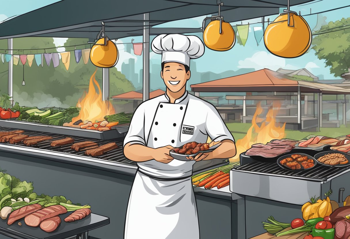 A chef grilling various meats and vegetables on a sizzling barbecue, with a banner reading "Frequently Asked Questions bbq catering singapore" in the background