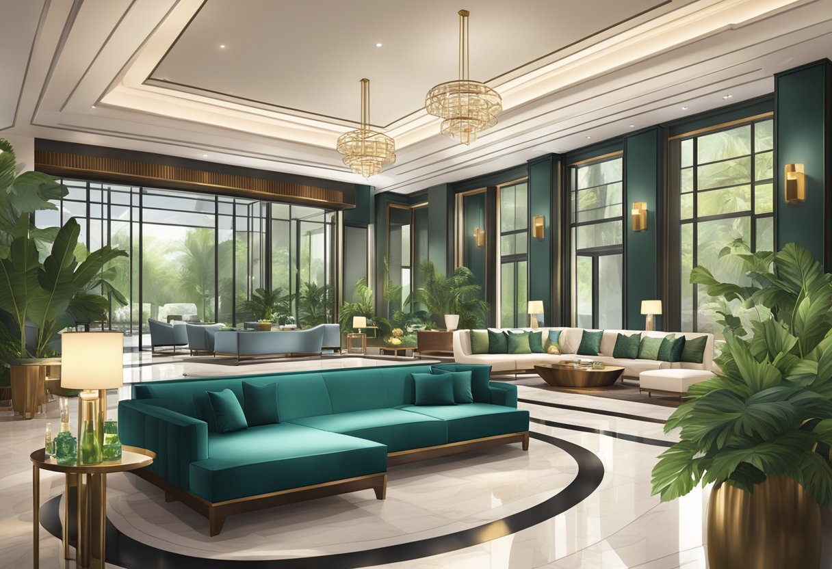 A lavish hotel lobby with sleek modern decor and opulent furnishings, featuring a tranquil spa and lush greenery