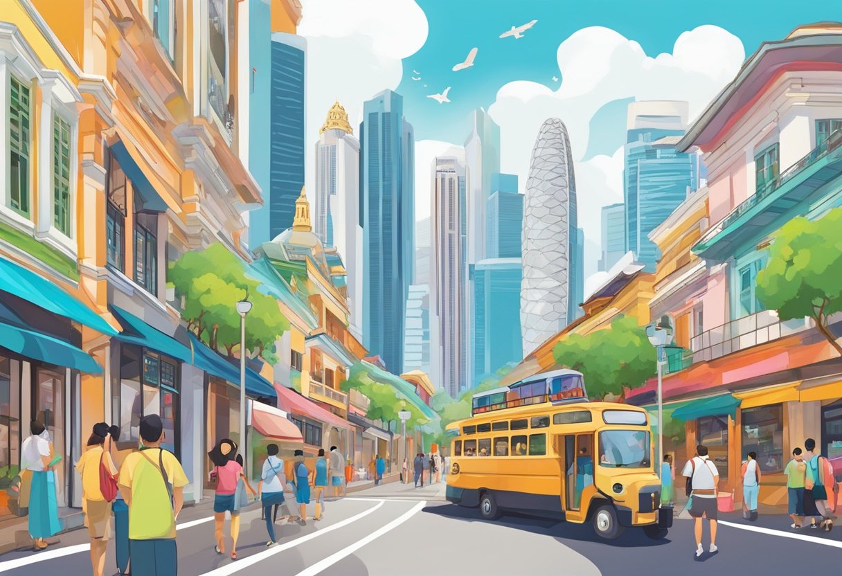 A bustling Singapore street, with iconic landmarks like the Marina Bay Sands, Merlion statue, and colorful shophouses. The scene is filled with vibrant energy and a mix of modern and traditional architecture