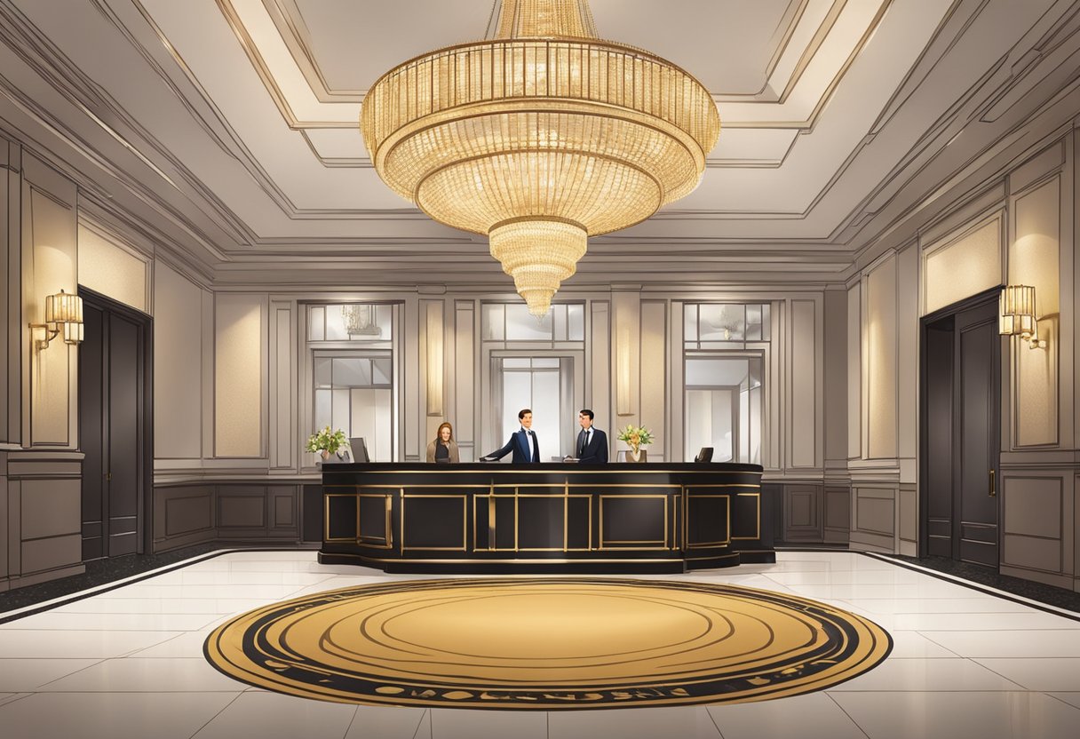 Guests line up at the hotel concierge desk, asking questions. The elegant lobby features modern decor and a grand chandelier