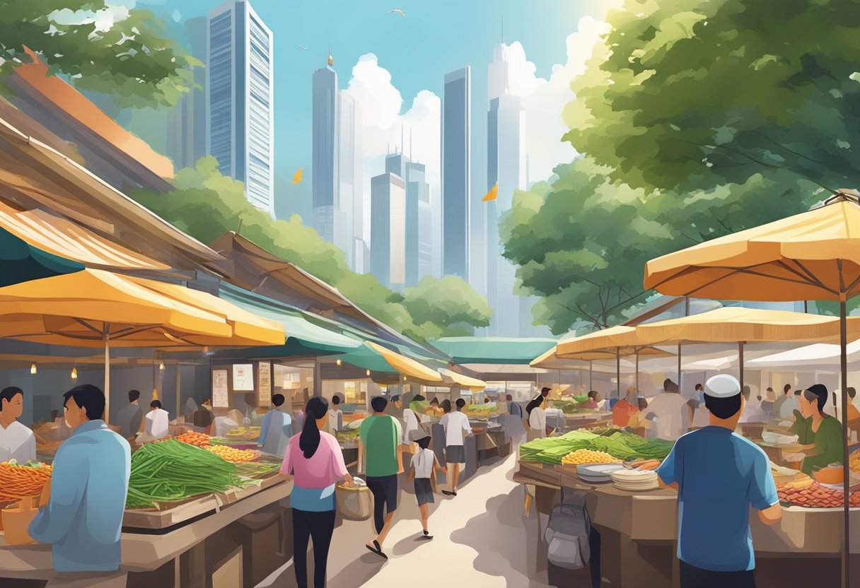A bustling hawker center with colorful stalls and aromatic dishes, surrounded by towering skyscrapers and lush greenery